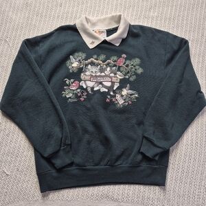 VTG 90s Morning Sun Cat Sweatshirt MEDIUM Double Collar Kittens Free Birdseed